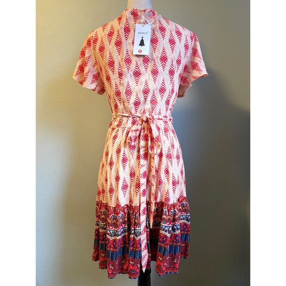 Boho Wrap Dress Short Sleeve Ruffle Tiered Mini fairy whimsi flowy cottage Y2K - Picture 2 of 5